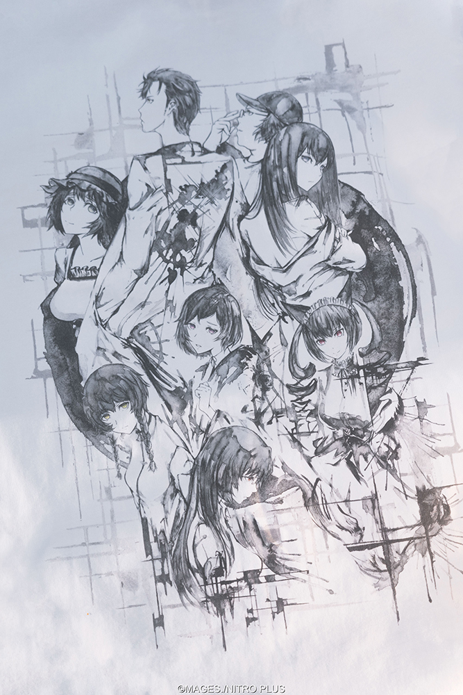 STEINS;GATE Laboratory Member Ink Painting Style White Background Monochrome T-shirt (L Size)