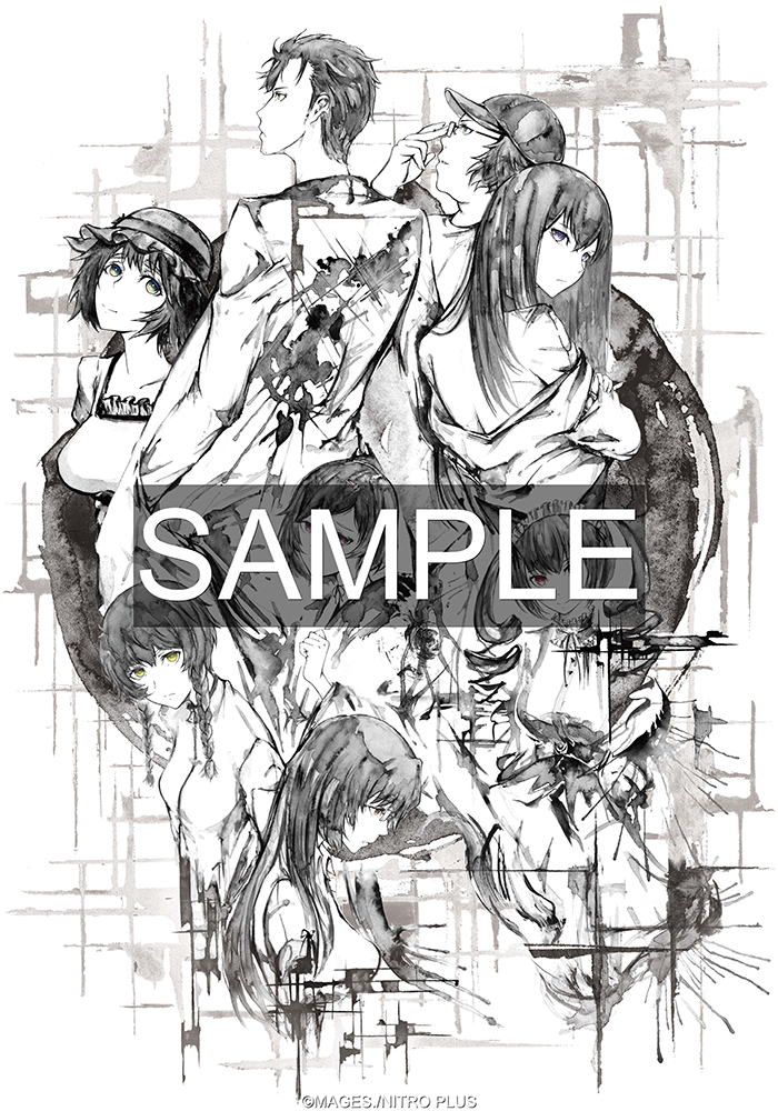 STEINS;GATE Laboratory Member Ink Painting Style White Background Monochrome T-shirt (L Size)
