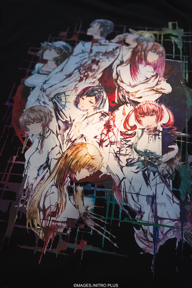 STEINS;GATE Laboratory Member Ink Painting Style Black Background Color T-shirt (L Size)