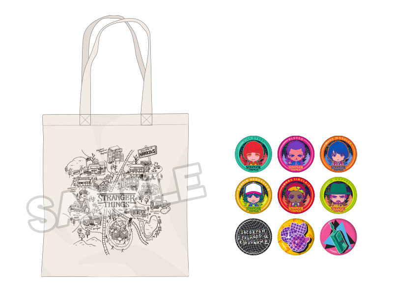 Stranger Things Nendoroid Plus mini cans badge with Hawkins map design tote bag (Japan Ver.)